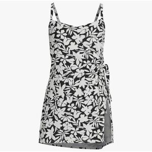 Lands' End Plus Size Black Havana Floral Swim Dress Size 22W Side Slit Soft Cups